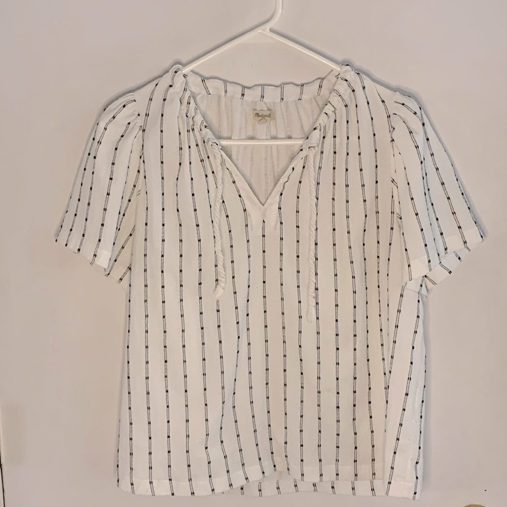 Madewell white peasant top with black embroidery and rope tie at neck Size M